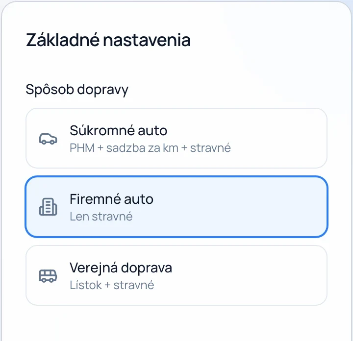 Generátor ciest: výber spôsobu dopravy, firemné auto a vozidlo Škoda Octavia Combi